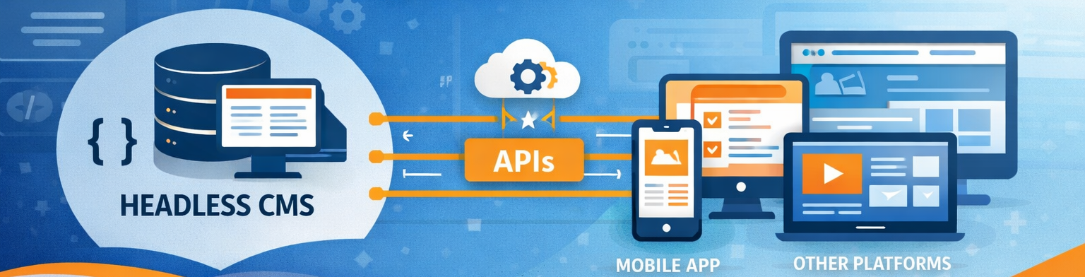 Diagram illustrating a headless CMS architecture with APIs feeding multiple frontends