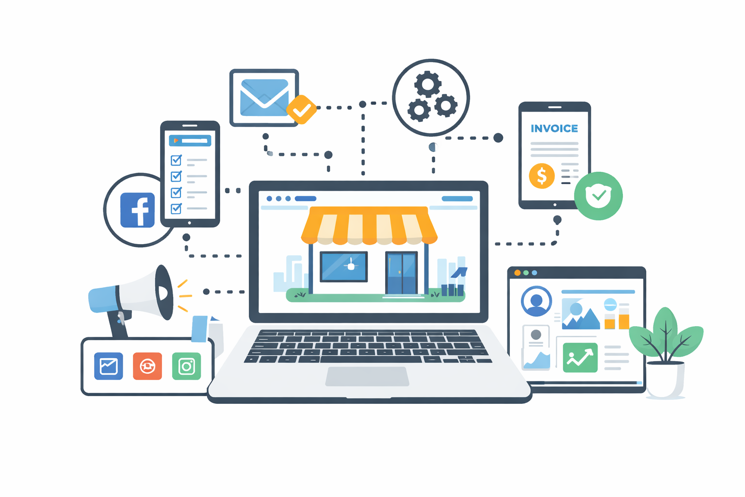 Illustration of a growing small business expanding from a simple website into digital services and automation